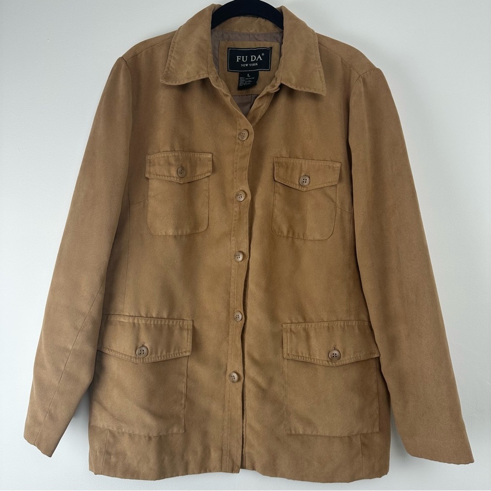 Fuda New York Women's Jacket Size Large Tan Faux Suede Utility Lightweight‎